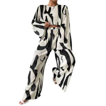 Verdusa Women's 2 Piece Sets Dressy Brunch Outfits Bell Sleeve Pleated Crop Top Pants Business Casual Outfit Black and White Medium