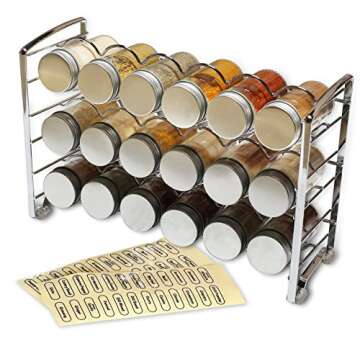 Deco Brothers Spice Rack Stand holder with 18 Bottles and 48 Labels, Chrome