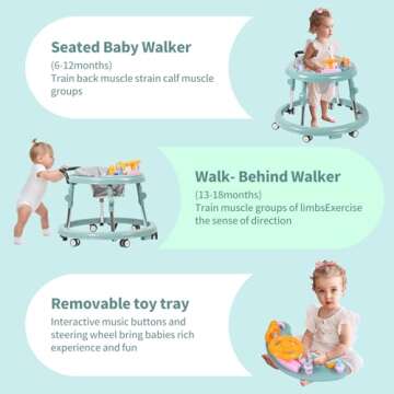 ErmeiRabbit Baby Walker Foldable, Baby Walkers and Activity Center for Boys Girls Babies 6-18 Months with Feeding Tray & Music, and 5 Adjustable Heights, Baby Walker with Wheels…