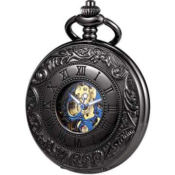 TREEWETO Mechanical Personalized Engraved Pocket Watch Skeleton Double Cover Roman Numerals Dial Per...