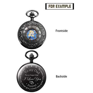 TREEWETO Mechanical Personalized Engraved Pocket Watch Skeleton Double Cover Roman Numerals Dial Personalized Gift with Box and Chain for Men Gift for Dad Son