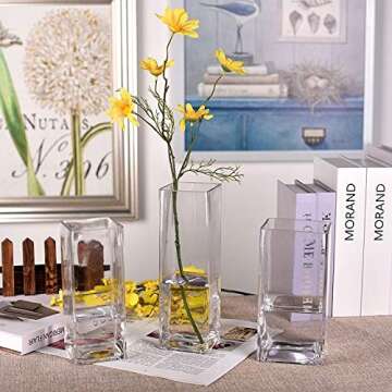 Diamond Star Tall Square Vase Home Decorative Flower Glass Vase Wedding Party Table Centerpieces (4"×4"×10") Clear