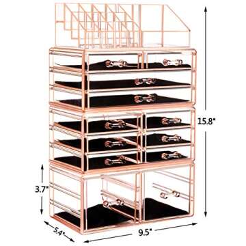 HBlife Acrylic Clear Dustproof Makeup Storage Organizer Drawers Large Skin Care Cosmetic Display Cases for Bathroom Stackable Storage Box with 12 Drawers for Vanity (Pink)