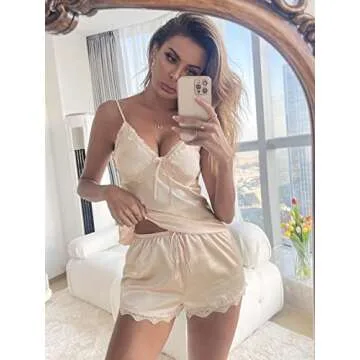Verdusa Women's Satin PJ Set Lace Trim Cami Top & Shorts Pajama Set Sleepwear