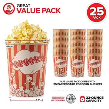 Stock Your Home 32 Oz Kraft Popcorn Buckets (25 Count) - Greaseproof Vintage Style Popcorn Cups - Di...