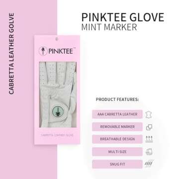 CROWNBLANKS PINKTEE Women's Golf Glove Left Hand Ladies Pink Cabretta Leather Golf Gloves with Removable Magnetic Ball Marker Full Finger