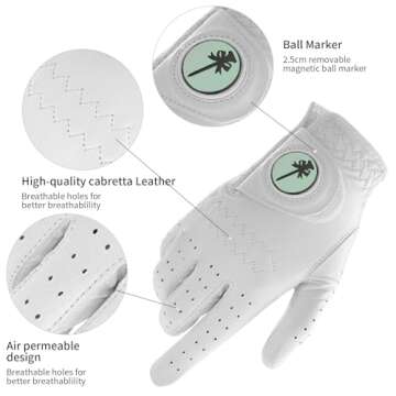 CROWNBLANKS PINKTEE Women's Golf Glove Left Hand Ladies Pink Cabretta Leather Golf Gloves with Removable Magnetic Ball Marker Full Finger