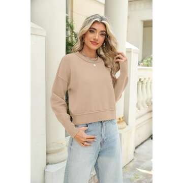 Zeagoo Womens 2024 Fall Crewneck Cropped Sweater Cozy Long Sleeve Ribbed Knit Pullover Dropped Shoul...