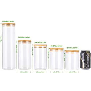 Monond Glass Canister Set with Bamboo Lid, Glass Food Storage Containers Set, Airtight Glass Jar with Wood Lid, Ideal for Coffee, Pasta, Flour, Sugar, Candy and More, 5Pcs-0.5/0.6/0.8/1/1.5L