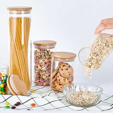 Monond Glass Canister Set with Bamboo Lid, Glass Food Storage Containers Set, Airtight Glass Jar with Wood Lid, Ideal for Coffee, Pasta, Flour, Sugar, Candy and More, 5Pcs-0.5/0.6/0.8/1/1.5L