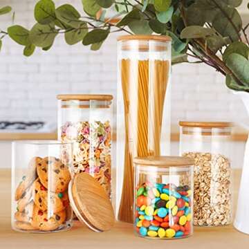 Monond Glass Canister Set with Bamboo Lid, Glass Food Storage Containers Set, Airtight Glass Jar with Wood Lid, Ideal for Coffee, Pasta, Flour, Sugar, Candy and More, 5Pcs-0.5/0.6/0.8/1/1.5L