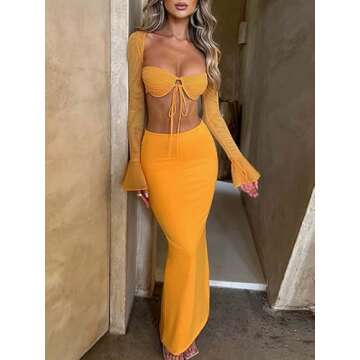 2Pcs Women Hollow Out Long Skirt Sets Long Sleeve Cardigan Crop Top Y2k Sexy Mesh See Through Cutout Maxi Skirt Clubwear(Z2- Yellow,S)