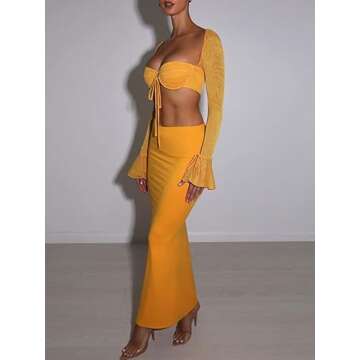 2Pcs Women Hollow Out Long Skirt Sets Long Sleeve Cardigan Crop Top Y2k Sexy Mesh See Through Cutout Maxi Skirt Clubwear(Z2- Yellow,S)