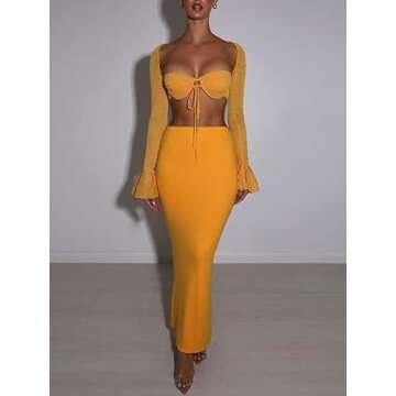 2Pcs Women Hollow Out Long Skirt Sets Long Sleeve Cardigan Crop Top Y2k Sexy Mesh See Through Cutout Maxi Skirt Clubwear(Z2- Yellow,S)