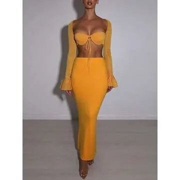 2Pcs Women Hollow Out Long Skirt Sets Long Sleeve Cardigan Crop Top Y2k Sexy Mesh See Through Cutout Maxi Skirt Clubwear(Z2- Yellow,S)