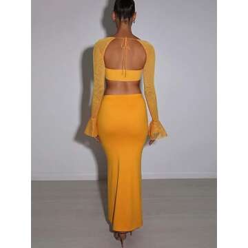 2Pcs Women Hollow Out Long Skirt Sets Long Sleeve Cardigan Crop Top Y2k Sexy Mesh See Through Cutout Maxi Skirt Clubwear(Z2- Yellow,S)
