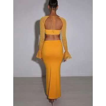 2Pcs Women Hollow Out Long Skirt Sets Long Sleeve Cardigan Crop Top Y2k Sexy Mesh See Through Cutout Maxi Skirt Clubwear(Z2- Yellow,S)