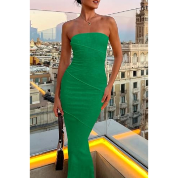PRETTYGARDEN Women Sleeveless Long Tube Dress Sexy Strapless Y2K Beach Bodycon Maxi Dress (Green,Small)