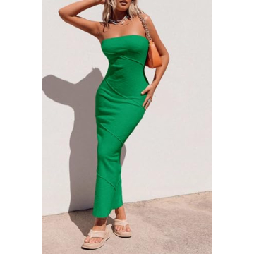 PRETTYGARDEN Women Sleeveless Long Tube Dress Sexy Strapless Y2K Beach Bodycon Maxi Dress (Green,Small)