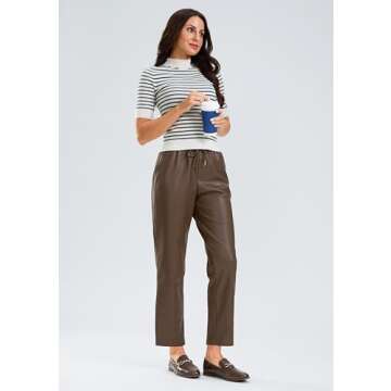 SANTINY Women's Faux Leather Pants High Waisted Straight Leg Cropped Ankle Trousers Vegan Matte Pleather Pants for Women Full Length(Brown_XS)