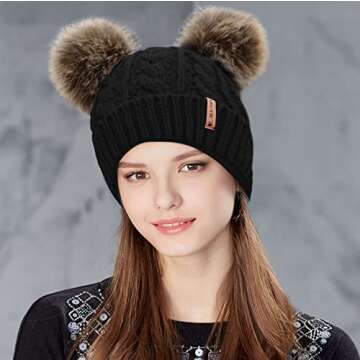 Arctic Paw Womens Pom Pom Beanie Cable Knit Fleece Lined Winter Beanies Women Black Beanie