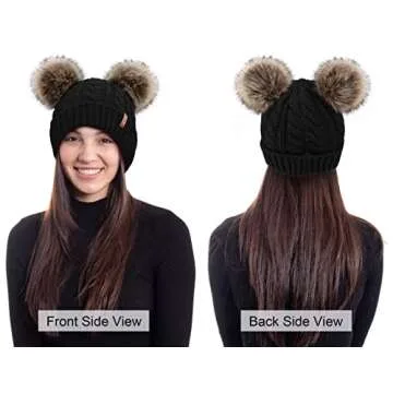 Arctic Paw Womens Pom Pom Beanie Cable Knit Fleece Lined Winter Beanies Women Black Beanie