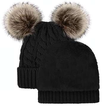 Arctic Paw Womens Pom Pom Beanie Cable Knit Fleece Lined Winter Beanies Women Black Beanie