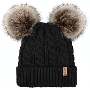 Arctic Paw Womens Pom Pom Beanie Cable Knit Fleece Lined Winter Beanies Women Black Beanie