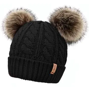 Arctic Paw Womens Pom Pom Beanie Cable Knit Fleece Lined Winter Beanies Women Black Beanie