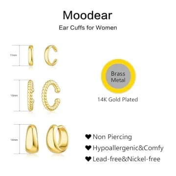 Moodear 3Pcs Stylish Gold Ear Cuffs for Women
