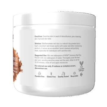 NOW Foods Solutions, Mediterranean Red Clay Powder, Pure Powder for Sensitive Skin Facial Mask, 6-Ounce
