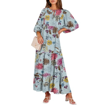 ANRABESS Womens Boho Maxi Dresses 2024 Summer V Neck Puff Sleeve Floral Flowy Swing Casual Long Dres...