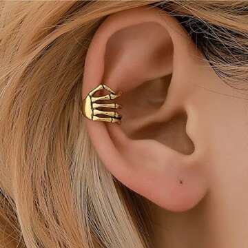 Skeleton Hand Ear Cuffs Skeleton Hand Earrings Halloween Earrings for Women Halloween Clip on Earrings Skeleton Hand Earrings Halloween Jewelry Gifts (Gold)