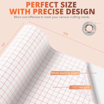 HTVRONT Clear Vinyl Transfer Paper Tape Roll 6" x 50 Feet Clear w/Red Alignment Grid - Application T...