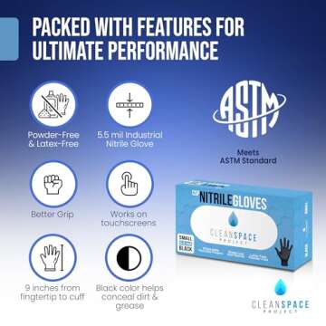 CLEAN SPACE PROJECT Black Nitrile Gloves Disposable, Box of 100-5.5 Mil, Non Latex & Powder Free - F...