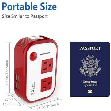 FOVAL Power Step Down 220V to 110V Voltage Converter with 4-Port USB International Power Travel Adapter in UK European Italy Asia More Than 150 Countries Over The World(Red)
