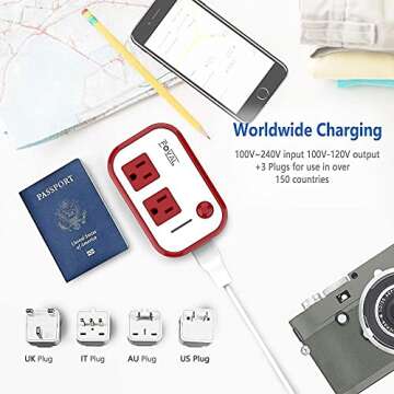 FOVAL Power Step Down 220V to 110V Voltage Converter with 4-Port USB International Power Travel Adapter in UK European Italy Asia More Than 150 Countries Over The World(Red)