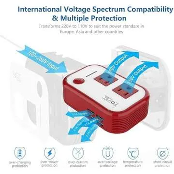 FOVAL Power Step Down 220V to 110V Voltage Converter with 4-Port USB International Power Travel Adapter in UK European Italy Asia More Than 150 Countries Over The World(Red)