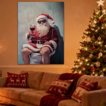 Framed Funny Santa Claus Toilet Canvas Wall Art for Christmas