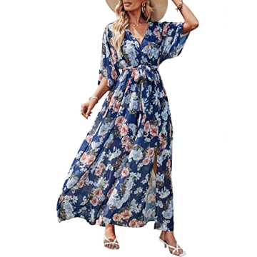 ANRABESS Women’s Summer Loose Boho Flowy Wrap V Neck 3/4 Sleeve Floral Print Slit Beach Wedding Gu...