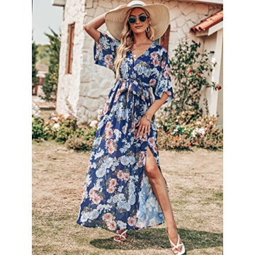 ANRABESS Women’s Summer Loose Boho Flowy Wrap V Neck 3/4 Sleeve Floral Print Slit Beach Wedding Guest Long Maxi Dresses 2024 Navy Flor Large