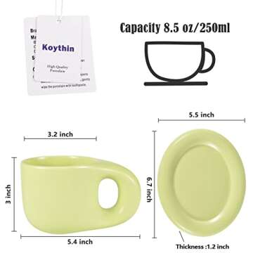 Koythin Ceramic Coffee Chubby Mug Saucer Set, Creative Cute Fat Handle Cup with Saucer for Office an...