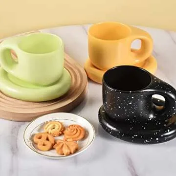Koythin Ceramic Coffee Chubby Mug Saucer Set, Creative Cute Fat Handle Cup with Saucer for Office and Home, Dishwasher and Microwave Safe, 10 oz for Latte Tea Milk (Green)