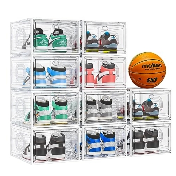 caktraie 10 Pack Thicken Shoe Organizer Stackable,Upgraded Sturdy Shoe Storage Box with Magnetic Doo...