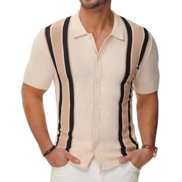 PJ PAUL JONES Men's Retro Shirts Polo Shirt Short Sleeve Casual Button Down Tee Shirts M Beige