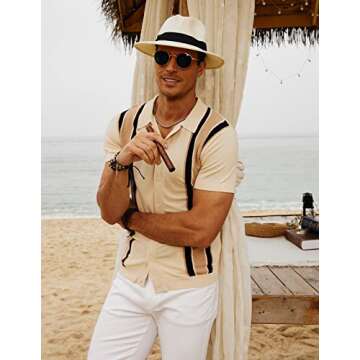 PJ PAUL JONES Men's Retro Shirts Polo Shirt Short Sleeve Casual Button Down Tee Shirts M Beige