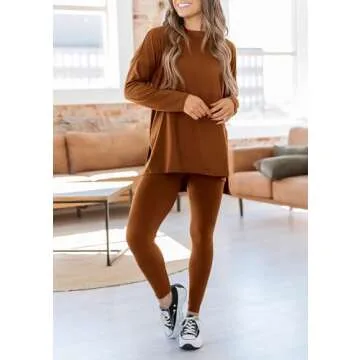 PRETTYGARDEN Women's 2 Piece Outfits Casual Long Sleeve Tunic Tops Legging Pants Matching Lounge Sets Sweatsuits (Caramel,XX-Large)
