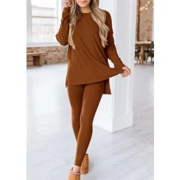 PRETTYGARDEN Women's 2 Piece Outfits Casual Long Sleeve Tunic Tops Legging Pants Matching Lounge Sets Sweatsuits (Caramel,XX-Large)