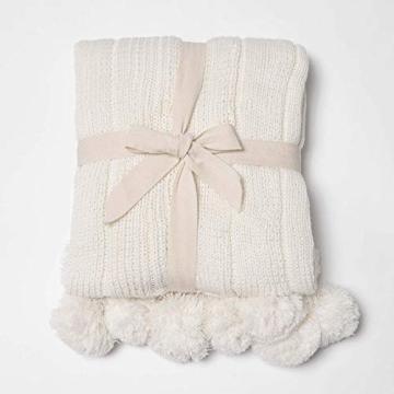 Best Home Fashion Ivory Knitted Pom Throw Blanket 50"x60"