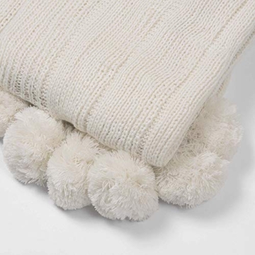 Best Home Fashion Ivory Knitted Pom Throw Blanket 50"x60"